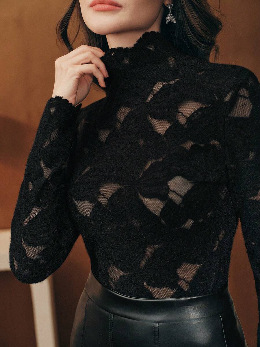 Anewsta Elegant Fashionable Sexy Versatile Fitted Sheer Textured Lace Long Sleeve Undershirt, Suitable For Fall, Winter, Spring, New Year, Party, Wedding - Black - View 1