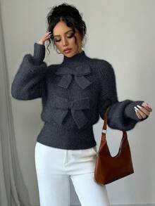 Elenzga Áo len dài tay cổ tròn màu trơn có nơ trang trí cho nữ - Xanh đậm - Xem 7