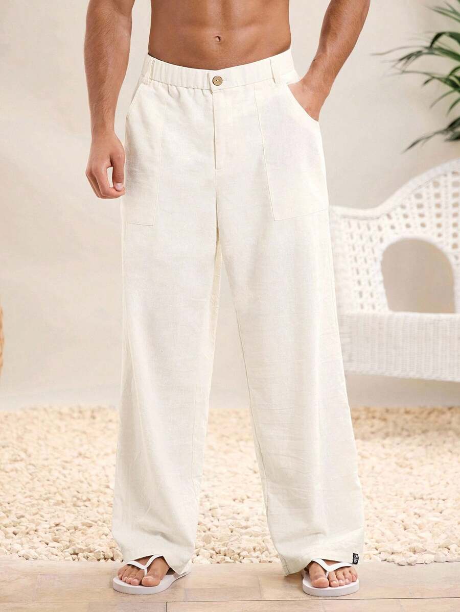 HIMLAND 男士夏季轻薄透气宽松亚麻沙滩裤