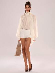 Avenya 夸张褶裥立领长领衬衫，性感轻薄透视上衣搭配优雅围巾，简约休闲办公衬衫，高端百搭宽松灯笼袖宫廷风衬衫，时尚拼接袖口设计，肯达尔风格，是新年、优雅、时尚、正式和外出场合的理想之选。 - 杏色 - 查看 6