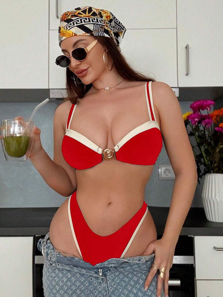 Swim SXY 2pcs/Set Solid Color High Cut Bikini Set, Fashion Hot Selling Summer Beach Vacation Swimsuit - Red - View 1