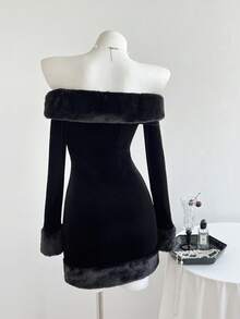 Elamini Đầm ôm sát tay dài trễ vai bằng lông giả màu trắng, thanh lịch và dễ thương cho tiệc Giáng sinh, hẹn hò, mặc hàng ngày - màu đen - Xem 2