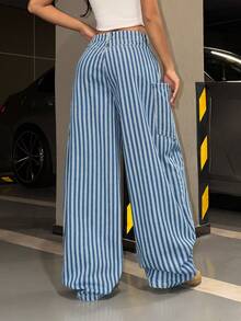 StreetHx Women's Casual Flared Leg Striped Jeans - Light Wash - View 2