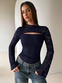 Aloruh Women's Autumn Fashion Contrast Lace Flare Sleeve T-Shirt - Navy Blue - View 2