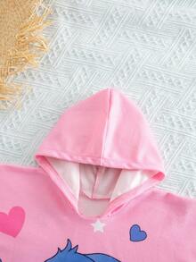 SHEIN 女婴可爱休闲粉色卡通图案连帽宽松泳衣罩衫