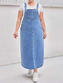 SHEIN Cottnline فستان جينز كاجوال طويل للنساء مقاسات كبيرة - أزرق متوسط - مشاهدة 4