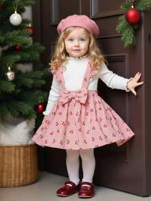Souflis Souflis French Retro Autumn/Winter Basic White Long Sleeve T-Shirt Paired With Cute Cherry Print Suspender Skirt, Suitable For Outings, School, Play And Various Occasions, Baby/Toddler Girl Set - Multicolor - View 9
