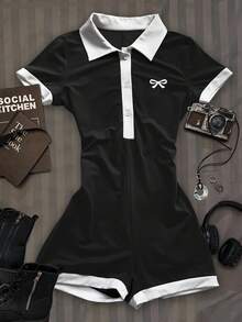 Attitoon Mono de cuello polo con gráfico de mariposa de estilo retro casual y contraste de colores, versátil para otoño/invierno - Negro - Ver 1