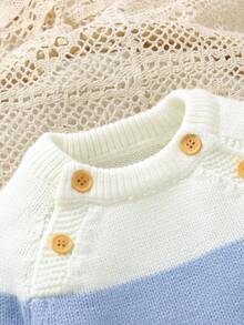 1件婴儿蓝色条纹针织连体衣，圆领长袖撞色新生儿休闲连体衣 - 藍色 - 查看 3