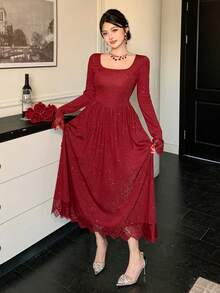 DAZY Women's Elegant Silver Lace Patchwork Mid-Length Dress, Autumn/Winter - Burgundy - View 4