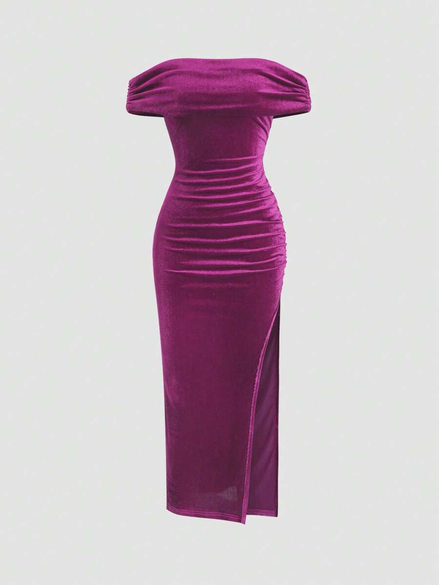 Sweetra 1pc Solid Color Velvet Off-Shoulder Ruched Bodycon Slit Dress For New Year Holiday Party Clothes Burgundy Maxi Women Outfit - Hot Pink - View 1