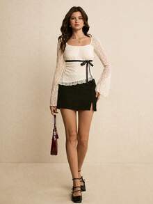 Poéselle 女士象牙色蕾丝方领上衣，薄纱长袖衬衫，饰有缎带蝴蝶结，浪漫复古风，休闲度假春夏秋季情人节外出上衣 - 杏色 - 查看 7