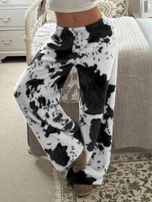 Comfortcana Plus Size Nomadic Black & White Cow Print Fleece Pants - Black and White - View 7