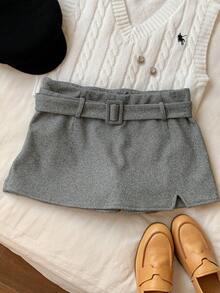 Comfortcana Saia-Shorts Versátil com Fivela e Cinto para Uso Casual e Escritório, Mulheres - Cinza - Visão 5