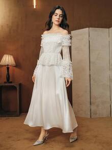 Anewsta Nouvelle arrivée pour le printemps Robe évasée élégante à épaules dénudées, style vintage de palais avec un patchwork de dentelle florale. Convient pour les femmes, le printemps, la Saint-Valentin - Nude - Voir 1