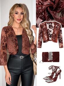 Ellevyn Cárdigan elegante de cuello en V con estampado floral jacquard - Burdeos - Ver 2