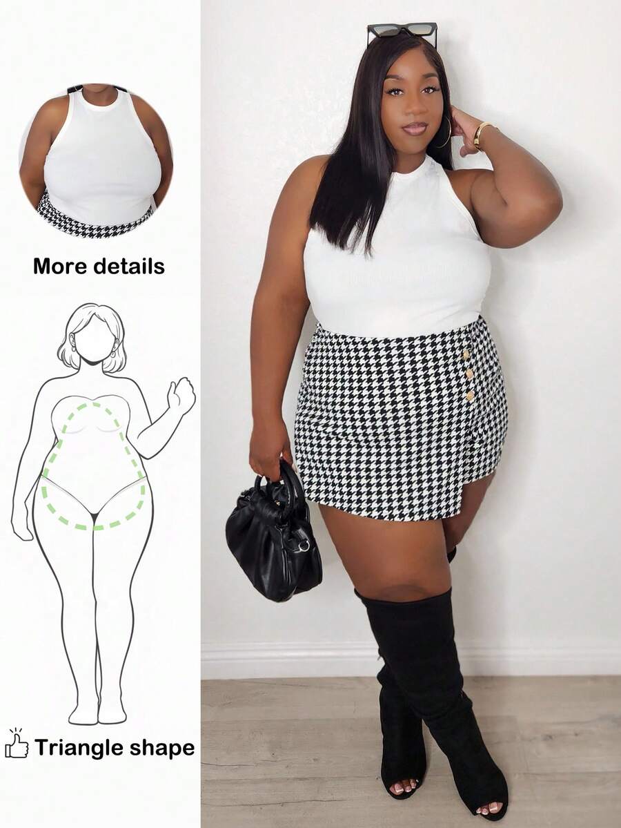 Truni Lacenleopard 2pcs Casual Minimalist Black & White Plus Size Cami Set Back To School, For Pear Triangle Body Shape, For Body Shape, For Summer - Black and White - View 1