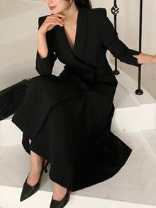DAZY Đầm maxi nữ thanh lịch, trang nhã, đơn giản, đa năng, màu trơn, cổ shawl, cài cúc hai hàng, eo thon. - màu đen - Xem 4