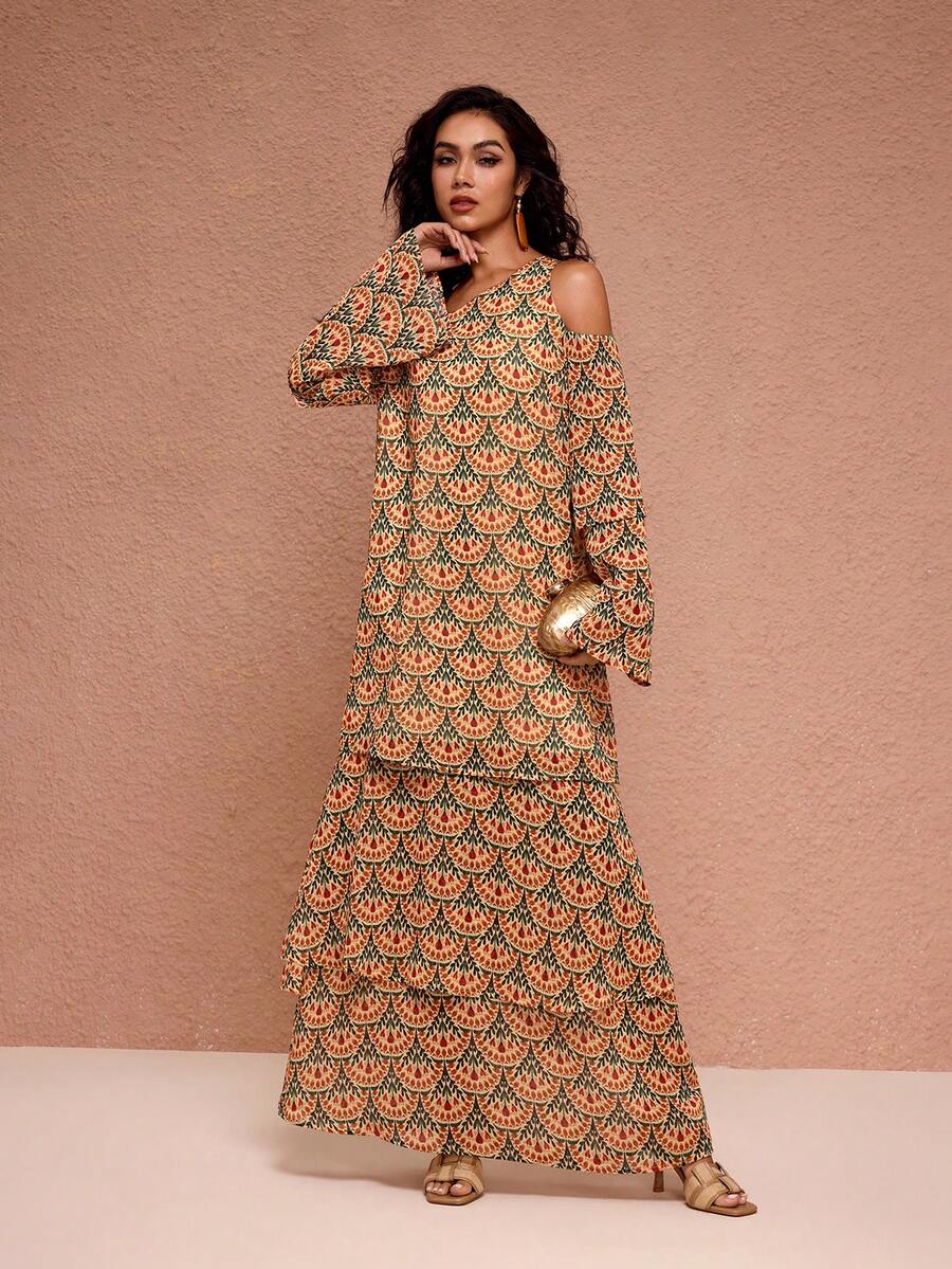 JIAN LASALA All-Over Print Chiffon Asymmetric Neck One-Shoulder Flared Sleeves Layered Maxi Dress Sunflower Dress Women Summer Maxi Dress Women Vacation Dress Moftif Dresses For Women 70s Dress Beach Wedding Guest - Multicolor - View 1