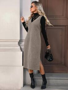 SHEIN LUNE 女士休闲纯色羊毛无袖V领开衩中长连衣裙，秋冬日常基本款穿搭 - 卡其色 - 查看 4