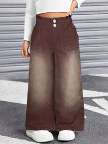 SHEIN Young Girls New Vacation Sunflower Ruffle Elastic Waist Soft Washed Relaxed Casual Fashion Jeans - Brown - View 6