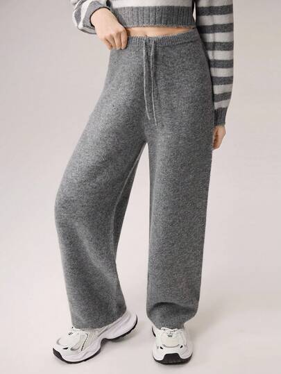 Tween Girl Casual Everyday Commute Simple Solid Color Drawstring Waist Loose Knit Sweater & Pants Set, Autumn/Winter