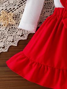 SHEIN Playful Pals 3pcs Baby Girls White Ribbed Puff Sleeve Cherry Embroidery T-Shirt, Red Bow Skirt & Matching Socks Set, Fashionable Children Autumn Outfit - White - View 9