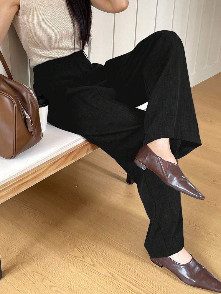 Women's Casual Solid Color Wide Leg Pleated Pants, Autumn/Winter