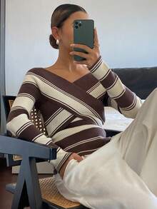 DAZY Women's Casual Contrast Striped V-Neck Sweater, Autumn - Coffee Brown - View 6