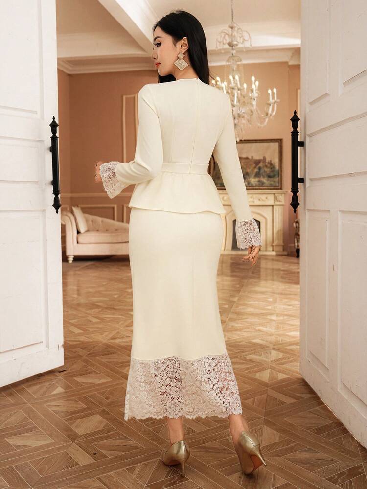 Women's Elegant Lace Patchwork V-Neck Blouse And Skirt 2-Piece Set, Autumn/Winter