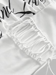 ROMWE Avant Áo sweatshirt dáng rộng, vai chéo, họa tiết đường phố, phong cách thường ngày. - trắng - Xem 3