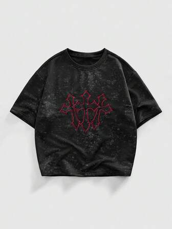 Street Life T-shirt à col rond pour hommes avec broderie en croix 3D délavée