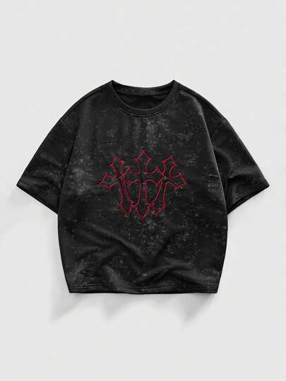 Street Life Maglietta da uomo a girocollo con ricamo a croce 3D consumato