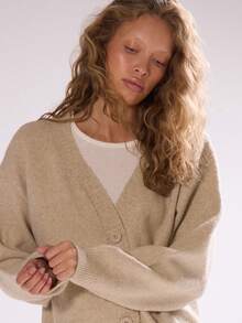 MUSERA V Neck Button Down Fluffy Knit Cardigan Winter Ski Vacation Lounge Holidays - Cream - View 2