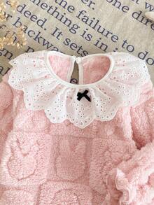 SHEIN 2pcs Baby Girls Floral Collar Cute Bow Long Sleeve Top And Comfortable Coral Fleece Plaid Rabbit Pants Homewear Set, Autumn/Winter - Apricot - View 3
