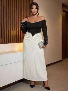 SHEIN BAE Vestido de manga larga con bloque de color y decoración de perlas para tallas grandes - Blanco y Negro - Ver 6