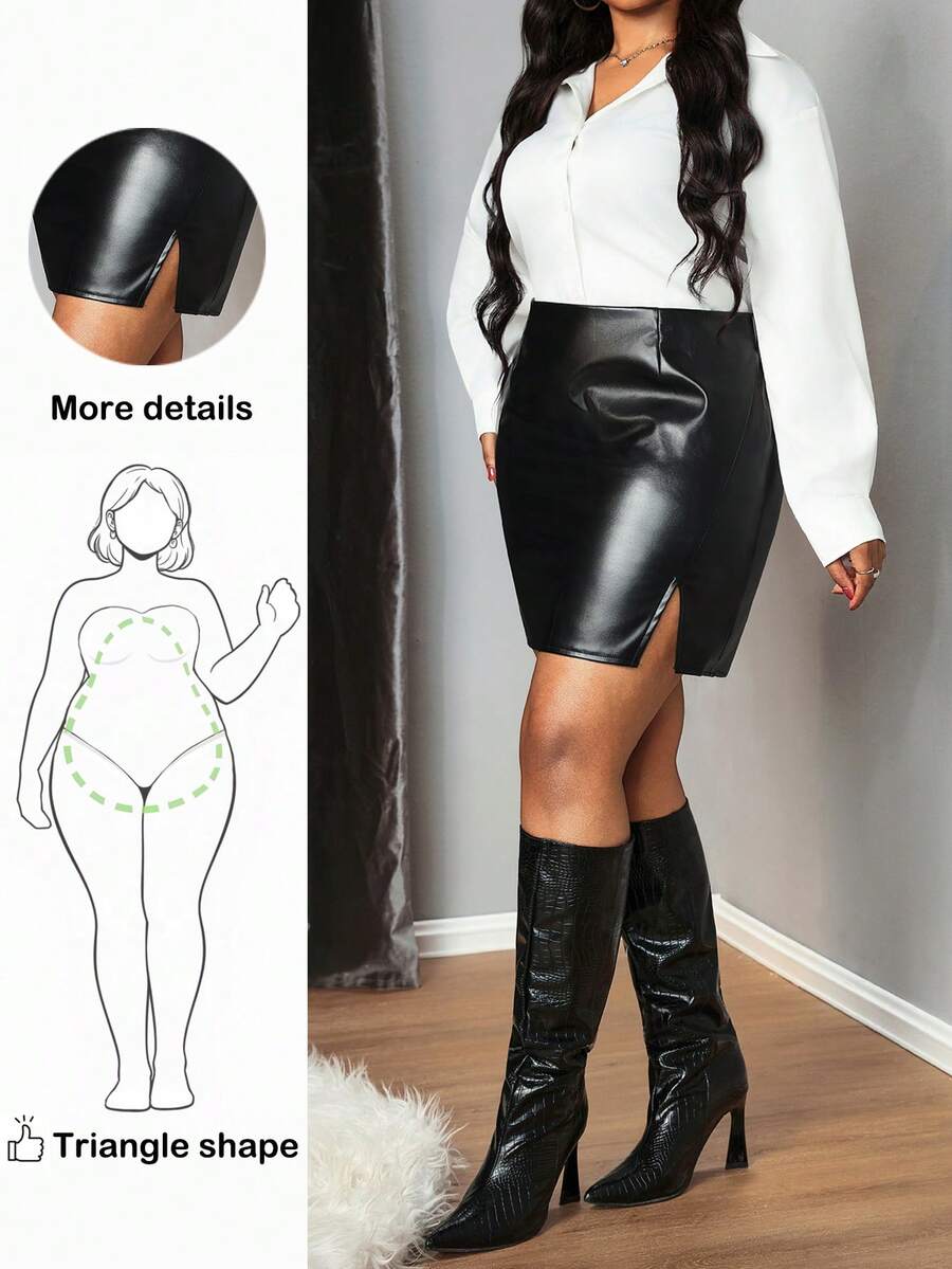 Truni Gonna corta a-line asimmetrica in ecopelle elegante per taglie forti, comoda e casual per l'autunno/inverno - nero - Visualizzare 1