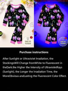 1套女童夜光卡通浣熊、星星、月亮印花修身长袖睡衣套装 - 黑色 - 查看 6