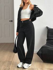 EURMUSE Women's Jeans Single-Breasted Casual Denim Jacket And Jeans Set Cowgirl Outfit 2000s Style  Jeans For Womemc - Black - View 8