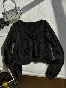 Comfortcana Áo len cardigan dệt kim lụa lạnh khoét lỗ tay dài cỡ lớn dành cho nữ, mùa xuân/hè, thu/đông - màu đen - Xem 6