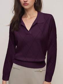 BizChic 2026春夏新款深浆果色不规则菱形图案针织Polo领毛衣，时尚优雅，适合都市通勤、日常百搭，90年代复古风，圣诞新年必备，浪漫情人节派对海滩毕业典礼时尚嘉年华假日休闲简约风，适合婚礼宾客、主人、约会、派对、音乐会、早午餐、机场等多种场合。 - 酒紅色 - 查看 1