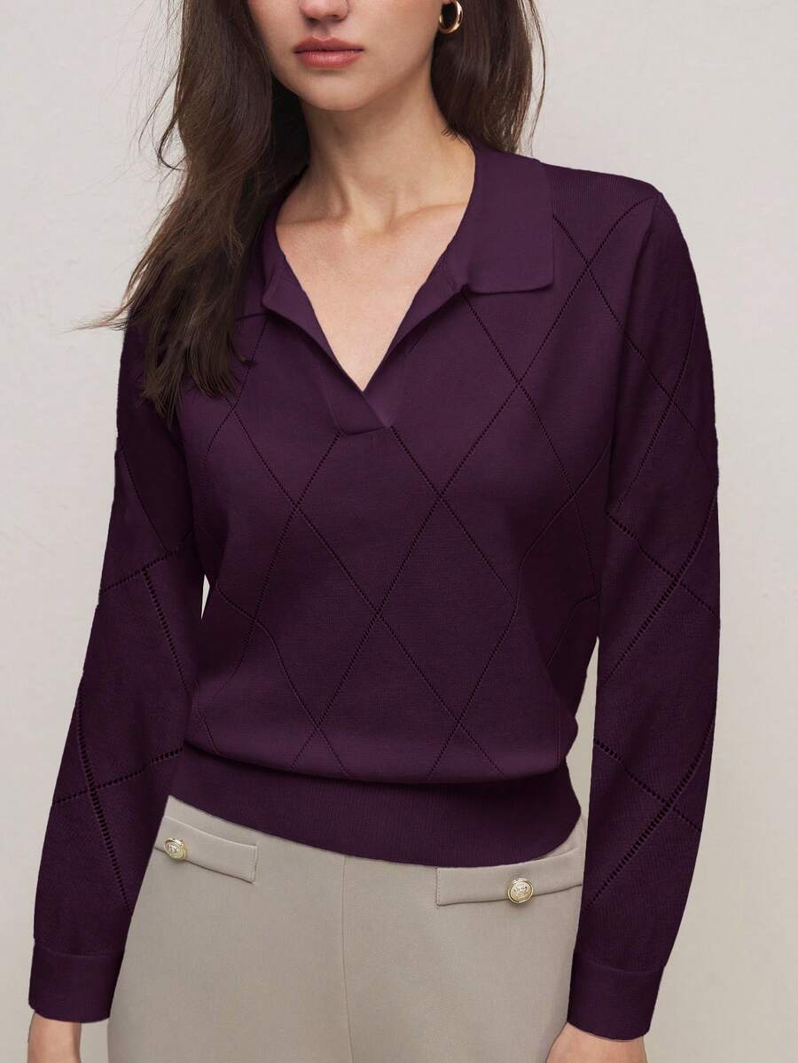 BizChic 2026春夏新款深浆果色不规则菱形图案针织Polo领毛衣，时尚优雅，适合都市通勤、日常百搭，90年代复古风，圣诞新年必备，浪漫情人节派对海滩毕业典礼时尚嘉年华假日休闲简约风，适合婚礼宾客、主人、约会、派对、音乐会、早午餐、机场等多种场合。 - 酒紅色 - 查看 1