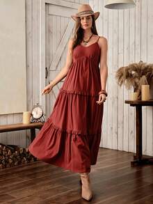 Wildy BOHO Casual Country Lace Patchwork Sleeveless Dress, Basic Outfit For Daily Wear, Suitable For Autumn/Winter And All Seasons - Red - View 5