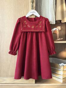 Vintaside Kids 女童花卉刺绣长袖修身连衣裙，甜美风格，适合外出、休闲穿着、生日派对、节日庆典等场合，春秋季穿着。 - 酒紅色 - 查看 8