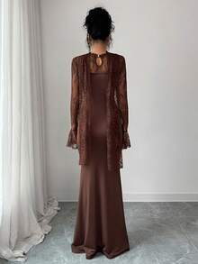 SHEIN Elenzya New Solid Color Sexy Lace Patchwork Halter Mermaid Maxi Dress, Ruched Waist, Long Ruffle Sleeve, Front Center Fish Bone Line Divider, Halter Long Trailing, Suitable For Party, Halloween, Christmas, Holiday Events, Date, Valentine's Day - Brown - View 4