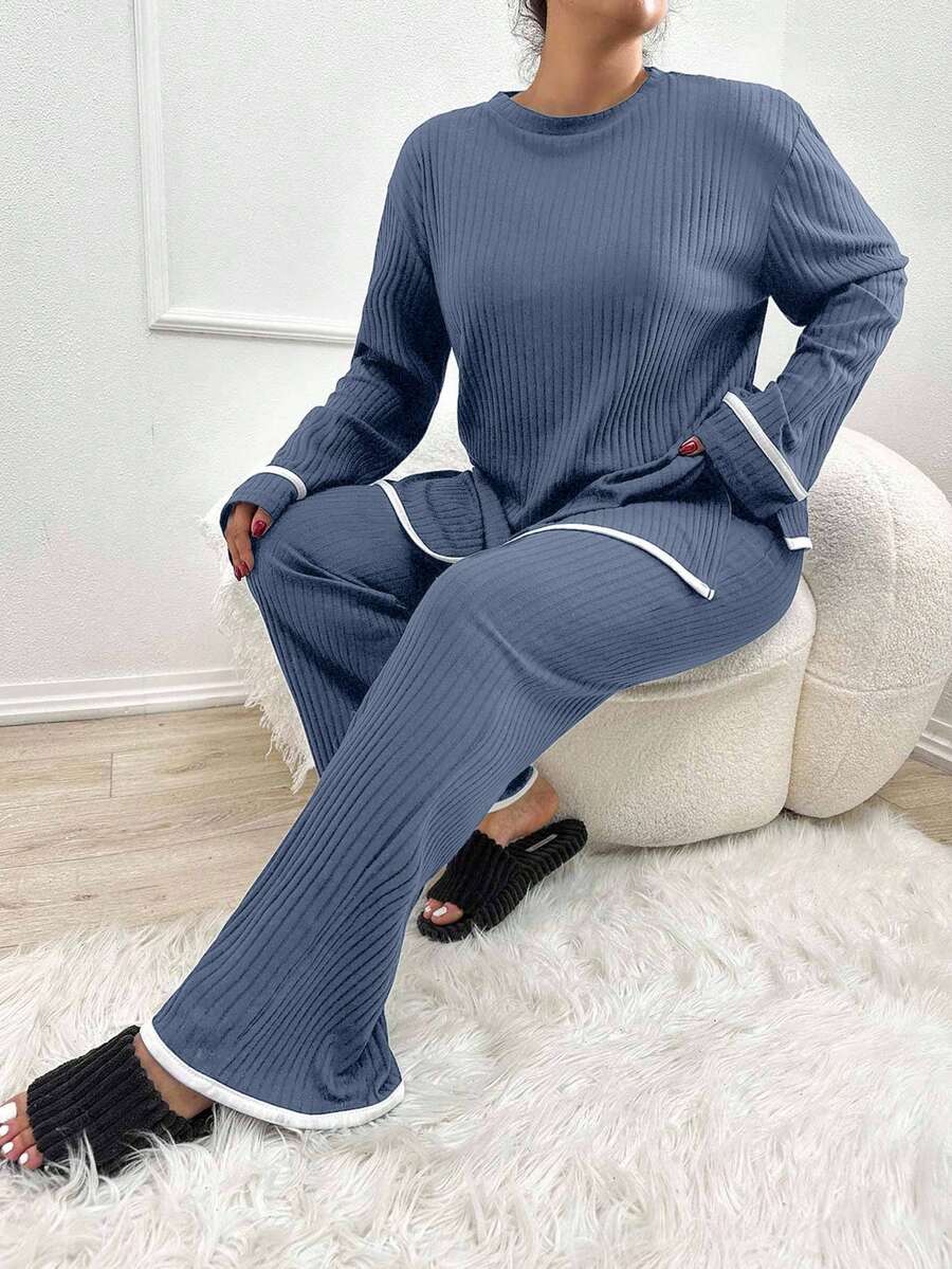 EURMUSE Plus Size Women Casual Crew Neck Long Sleeve Sweater And Knit Pants Set, Autumn - Navy Blue - View 1