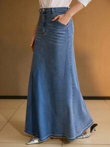 MOTF PREMIUM ZIP PLACKET SLANT POCKET MERMAID HEM MAXI DENIM SKIRT - Blue - View 5