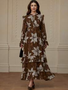 Aveloria Rosie Autumn English Style Multi-Layer Ruffle Pearl Chiffon Random Print Long Sleeve Dress - Multicolor - View 5