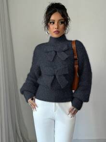 Elenzga Áo len dài tay cổ tròn màu trơn có nơ trang trí cho nữ - Xanh đậm - Xem 3