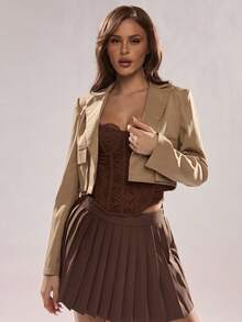 SHEIN Glamour Women's Chic Khaki Autumn Two Piece Set,Fashionable Daily Office Commute Cropped Blazer Jacket&Skirt Suit,Night Out Brown Pocket Turnover Jacket - Khaki - View 2